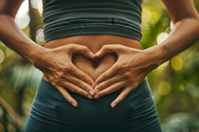 Female torso with hands placed in a heart shape over stomach. Implies she has a healthy gut.